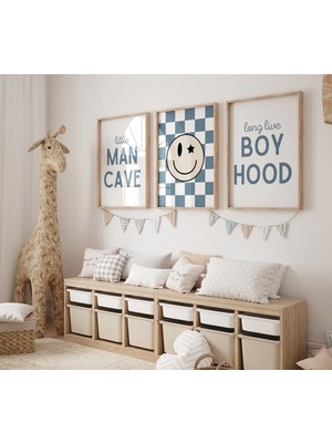 Ninastore Küçük Adamın Mağarası - Yaşasın Çocukluk - Boho Mavi Çocuk Odası - Kareli Çocuk Odası Posteri -