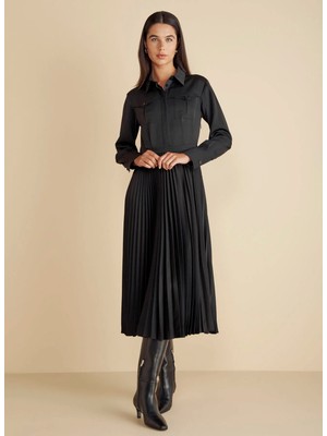 Brooks Brothers Siyah Kadın Cepli Pliseli Krep Midi Elbise