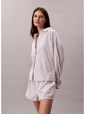 Calvin Klein Beyaz Kadın Standart Çizgili Pijama Üst Cotton Poplın Shırt Regular
