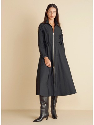 Brooks Brothers Siyah Kadın Dik Yaka Elbise Önü Fermuarlı Beli Büzgülü Tafta