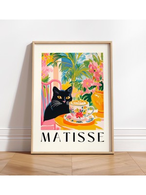 Ninastore Kahve Içen Siyah Kedi: Komik Matisse Tarzı Mutfak Sanat Baskısı
