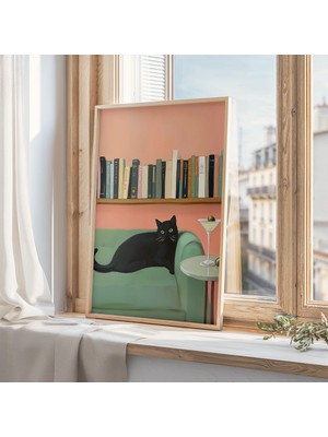 Ninastore Martini ve Kitap Tutan Siyah Kedi Baskısı - Sıradışı Kokteyl Bar Dekoru - Siyah Kedi Kitap Sever
