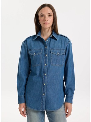 Lauren Ralph Lauren Mavi Kadın Slim Fit Gömlek Rodıel-Long Sleeve-Button Front Shı