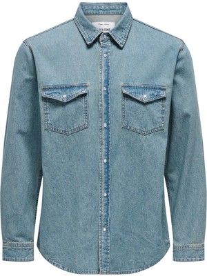 Only & Sons Mavi Erkek Normal Taşlamalı Denim Gömlek Onsbane MB Tınt 1873 Gua Dnm Shırt