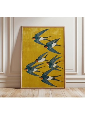 Ninastore Kırlangıç ​​kuşları Posteri - Japon Sanat Baskısı - Sarı ve Mavi Duvar Sanatı