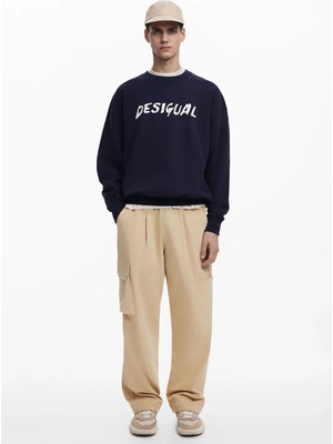 Desigual Lacivert Erkek Regular Fit Yazı Baskılı Sweatshirt 25WMSK05_SWEAT_PHIL