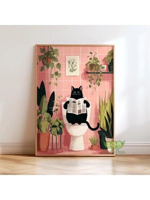 Ninastore Komik Banyo Kedisi Duvar Sanatı - Gazete Okuyan Kedi Posteri - Eğlenceli Tuvalet Sanat Baskısı -