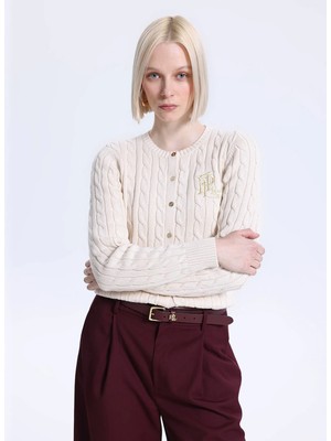 Lauren Ralph Lauren Ekru Kadın Yuvarlak Yaka Regular Fit Hırka 200932225