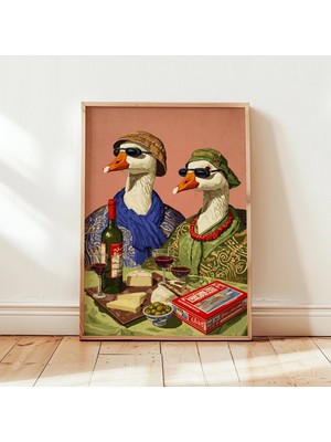 Ninastore Ördek Duvar Sanatı Baskısı Vintage Hayvan Illüstrasyonu Bar Sahnesi Posteri Şarap Masası Sanatı
