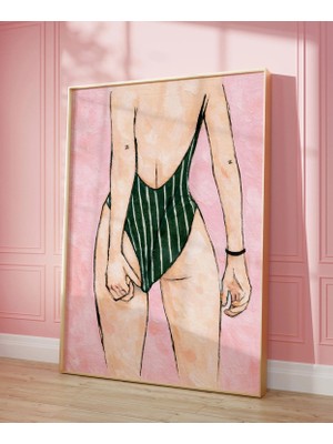 Ninastore Mayo Giymiş Soyut Kadın Sanat Baskısı - Minimalist Yazlık Kadın Figürü, Pembe Yeşil Yağlı Boya
