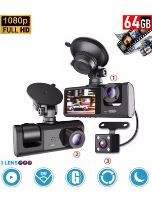 Genel Tedarik 64GB Araç Içi Kamera 3 Kameralı (Yol + Araç Içi+ Arka) Fhd Video Kayıt Mikrofonlu Türkçe Cc-33