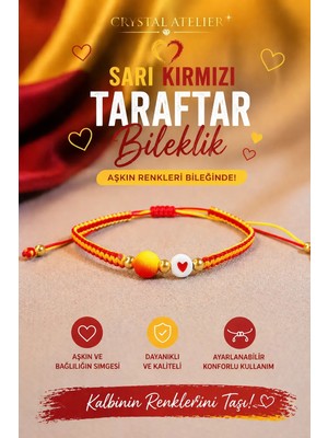Crystal Atelier Sarı Kırmızı Kalp Detaylı Makrome Taraftar Bilekliği - Unisex El Yapımı Ayarlanabilir Şans Bilekliği