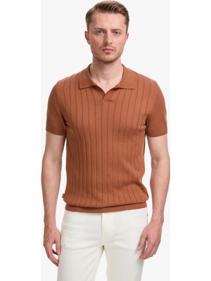 Pierre Cardin Erkek Açık Kahverengi Slim Fit %100 Pamuk Apaş Yaka Triko Tişört 50325074-VR002