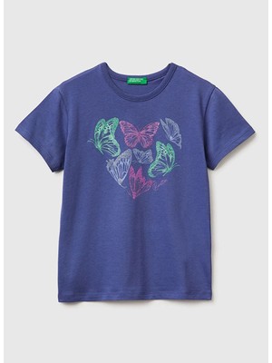 United Colors Of Benetton Koyu Lacivert Kız Çocuk Baskılı T-Shirt 3096C10SG