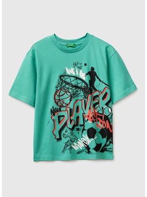 United Colors Of Benetton Mavi-Yeşil Erkek Çocuk Baskılı T-Shirt 3I1XC10SU