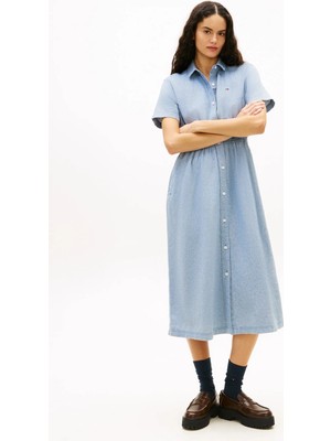 Tommy Jeans Mavi Kadın Gömlek Elbise Tjw Maxı Lınen Blend Shırt Dress