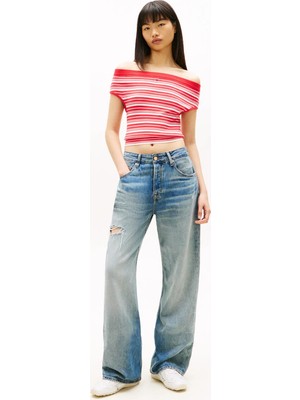 Tommy Jeans Kırmızı Kadın Çizgili Kazak Tjw Off Shoulder Strıpe Sweater