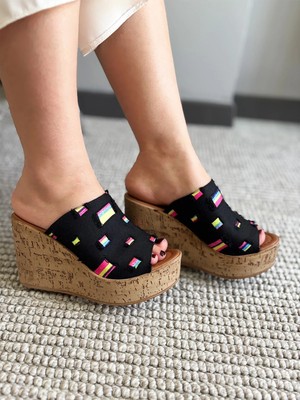 Asmi Shoes Kadın Limo Siyah Kot Dolgulu Mantar Taban Terlik 10 cm  Siyah