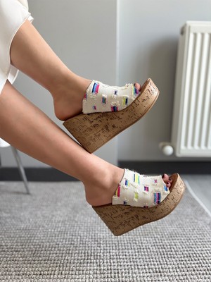 Asmi Shoes Kadın Limo Beyaz Kot Dolgulu Mantar Taban Terlik 10 cm  Beyaz