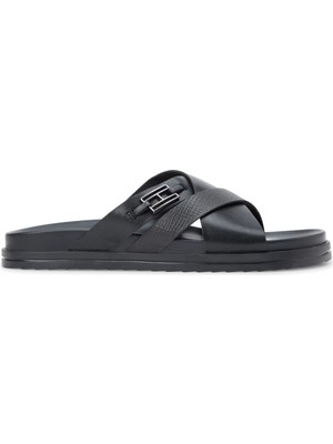 Tommy Hilfiger Siyah Erkek Deri Terlik Flag Hardware Lth Sandal