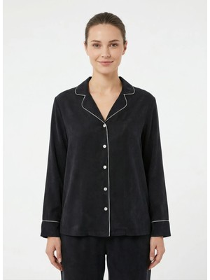 Vivis Siyah Kadın Gömlek Yaka Pijama Üst 50VIV10826