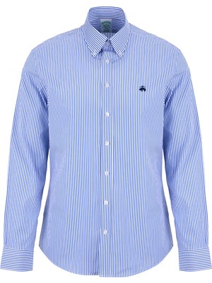 Brooks Brothers Mavi-Beyaz Erkek Düğmeli Slim Fit Çizgili Gömlek BBSS26MSH011