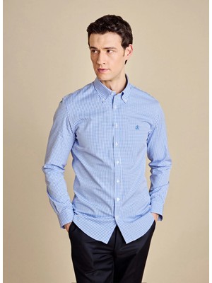 Brooks Brothers Mavi-Beyaz Erkek Düğmeli Slim Fit Kareli Gömlek BBSS26MSH009