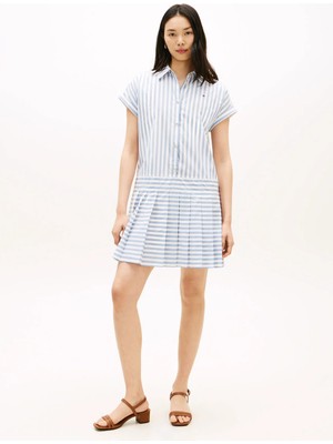 Tommy Hilfiger Mavi Kadın Elbise Poplın Pleated Short Ss Dress