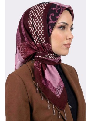 Hadiora Kadın Mürdüm Pembe Soyut Desenli Inci Boncuklu Yazma