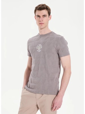 gmg firenze Gmg Fırenze Vizon Erkek Slim Fit Geometrik Desenli T-Shirt GU26MSS03018