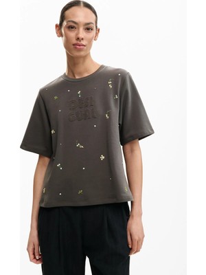 Desigual Koyu Gri Bisiklet Yaka Kadın Standart Fit T-Shirt 26SWTK09