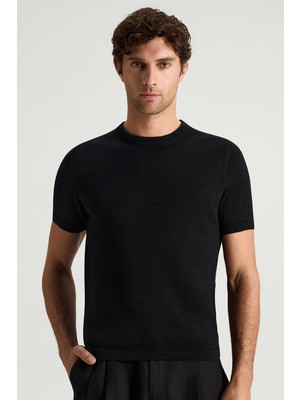 Hemington Keten Pamuk Karışım Bisiklet Yaka Siyah Triko T-Shirt