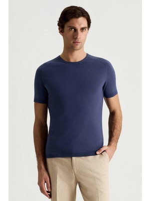 Hemington Bisiklet Yaka Mavi Giza Pamuk Triko T-Shirt