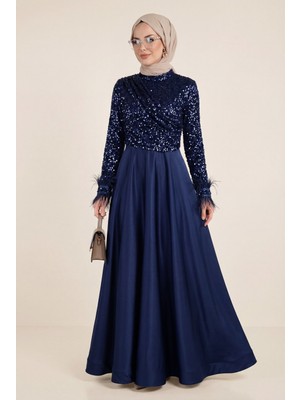 Moda Morfo Üstü Pul Payet Kolları Tüylü Eteği Saten Abiye -Laci