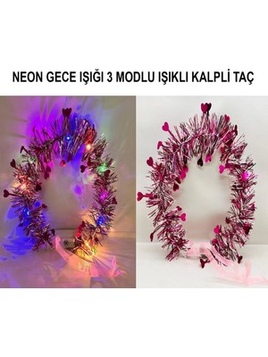 Mey Ithalat® Kalp Püsküllü Gece Parıltısı 3 Modlu LED Li Işıklı Taç Fuşya Renk