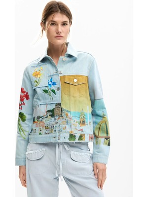 Desigual Açık Mavi Kadın Karma Desenli Denim Ceket 26SWED02