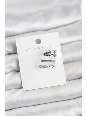 Mey Ithalat® Gümüş Renk Zirkon Taşlı Pirinç Kıkırdak Küpe