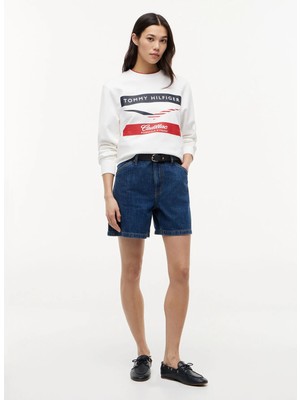 Tommy Hilfiger Beyaz Erkek Bisiklet Regular Fit Logo Baskılı Sweatshirt MN0MN00080YBR