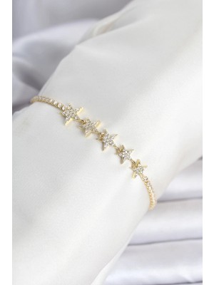 Mey Ithalat® Pirinç Gold Renk Sıralı Yıldız Model Su Yolu Kadın Bileklik