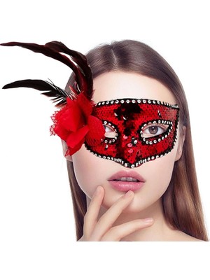 Mey Ithalat® Kırmızı Renk Yandan Tüylü Güllü Gümüş Taşlı Pullu Maske 20X22 cm