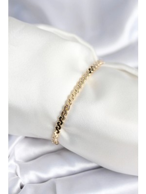 Mey Ithalat® Pirinç Gold Renk Yassı Zincir Model Kadın Bileklik
