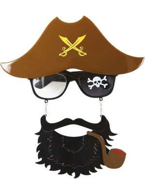 Mey Ithalat® Kahve Renk Şapkalı Siyah Sakallı Pipolu Jack Sparrow Denizci Korsan Gözlüğü 24X25 cm