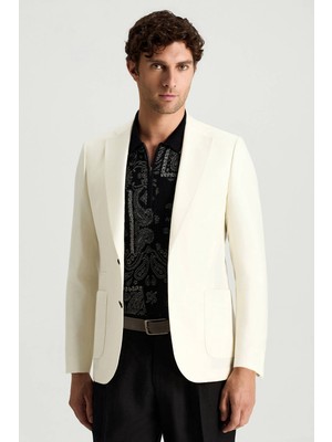 Hemington Yün-Ipek-Keten Karışım Beyaz Blazer Ceket