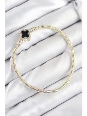 Mey Ithalat® Pirinç Charm Zirkon Taşlı Yonca Model Gold Renk Kadın Bileklik