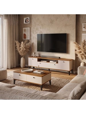 Yurupa Valaris Tv Ünitesi ve Orta Sehpa Takımı Modern Ayaklı 2'li Set Ceviz-Kaşmir Vıs5-Cka
