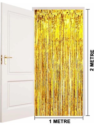 Mey Ithalat® Altın Gold Renk Ekstra Metalize Parlak Saçaklı Arka Fon Perde Ithal  1x2 Metre