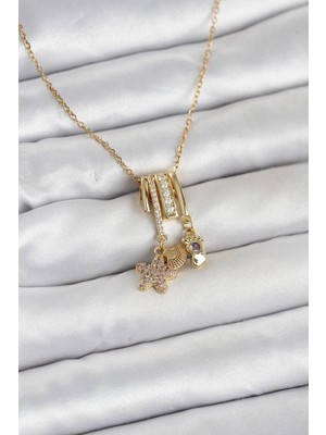 Mey Ithalat® 316L Çelik Gold Zirkon Taşlı Deniz Tema Charmlı Kadın Kolye