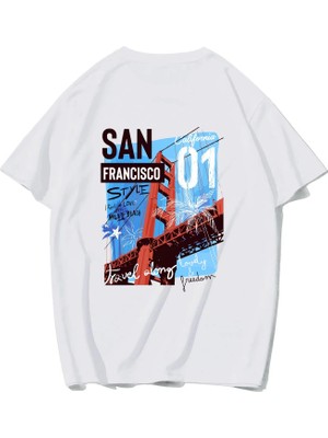 Brz Collection Unisex Oversize Arka Baskılı San Francisco T-Shirt (Beyaz)