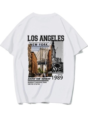Brz Collection Unisex Oversize Los Angeles & New York T-Shirt (Beyaz)