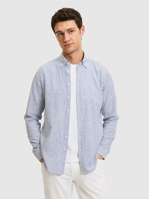 Cacharel Erkek Lacivert Regular Fit Keten Karışımlı Yakası Düğmeli Çizgili Gömlek 50319145-VR033